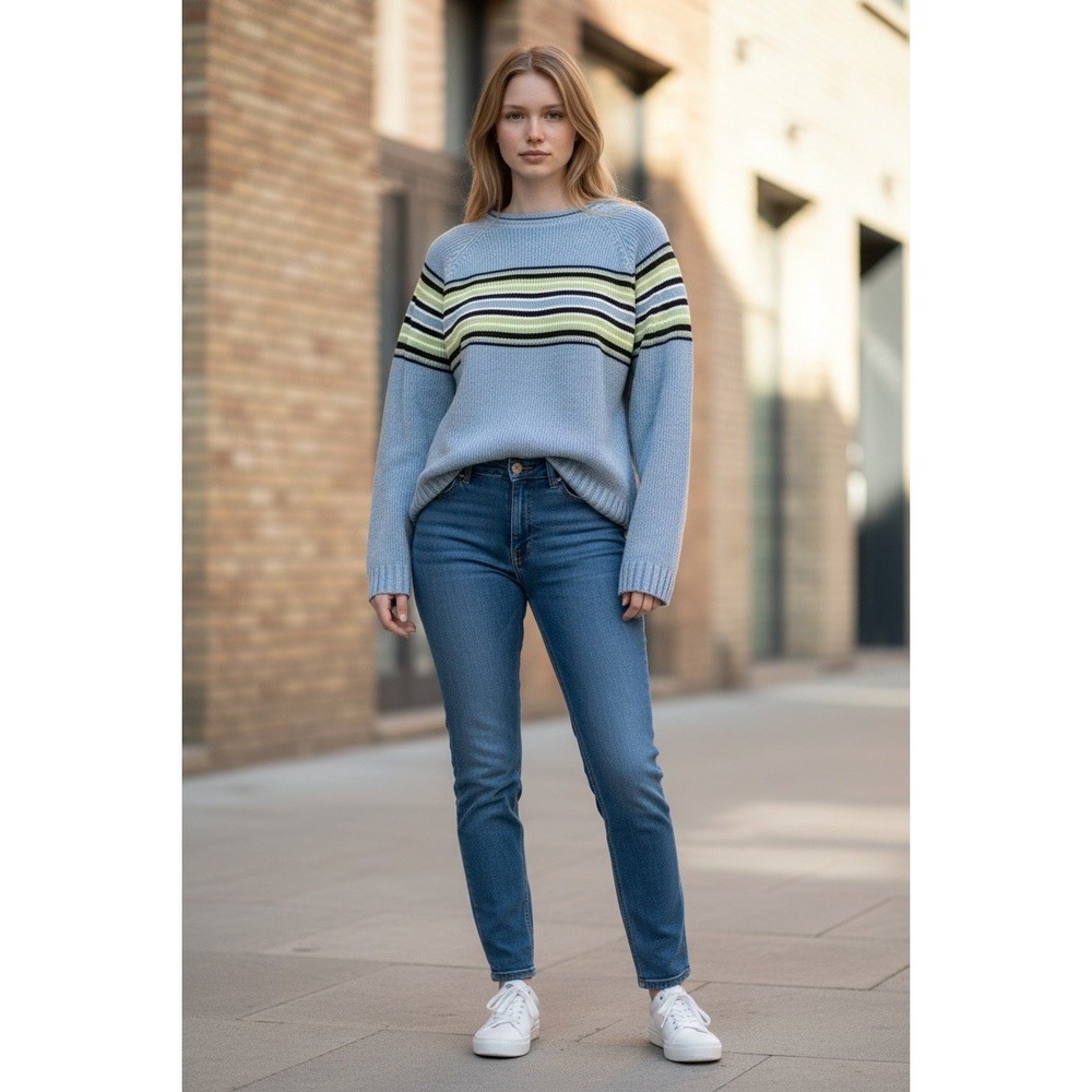 Carolyn Taylor Striped Knit Sweater XL Blue Green Retro 90s Style Cozy Rollneck